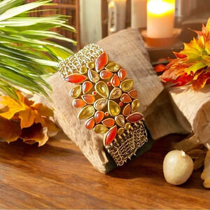 KENNETH COLE Gold-Tone Stretch Bracelet w/ Red & Amber Stones